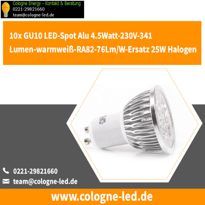 10x GU10 LED-Spot Alu 4.5Watt-230V-341Lumen-warmweiß-RA82-76Lm/W-Ersatz 25W Halogen