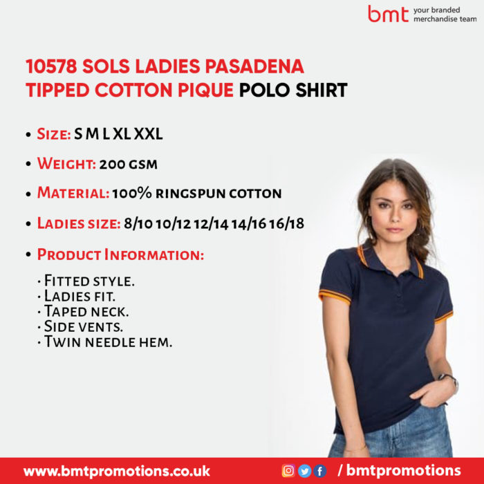10578 SOLS Ladies Pasadena Tipped Cotton Pique Polo Shirt