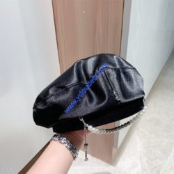 Saint Laurent Monogram Beret Hat In Silk with Pearls Chain Black