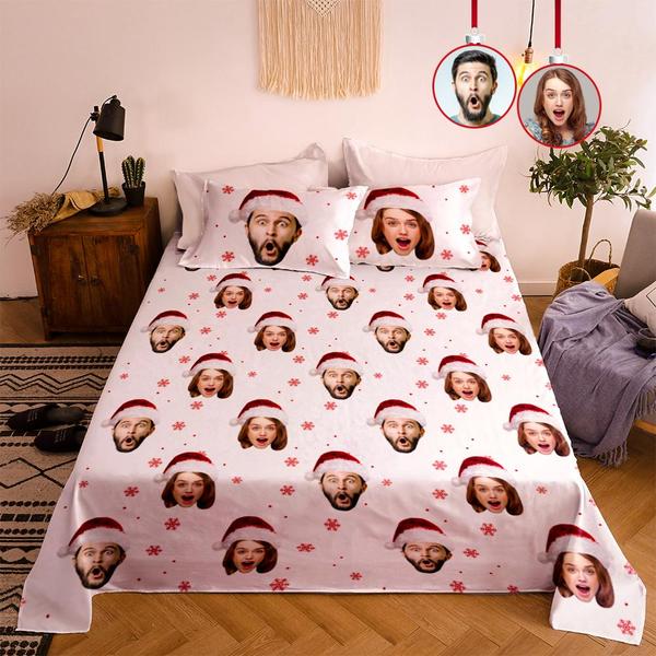 Custom Double Bedding Sheet And Duvet Cover Pillowslip Set Personalized Christmas Hat For Couple ...