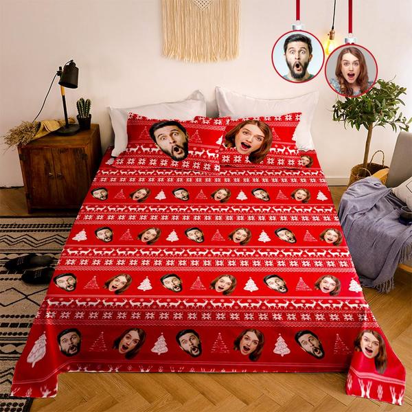 Custom Double Bedding Sheet And Duvet Cover Pillowslip Christmas Style For Couple Gift