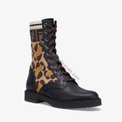 Fendi Rockoko Combat Boots In Leather with Camo Motif Stretch Fabric Beige