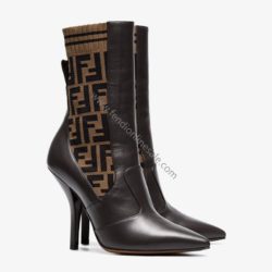 Fendi Rockoko Heel Ankle Boots In Leather with FF Motif Stretch Fabric Brown
