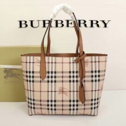 Burberry Small Haymarket Check Reversible Tote In Brown