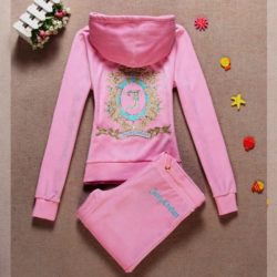 Juicy Couture Embroidery Floral Velour Tracksuits 7153 2pcs Women Suits Pink