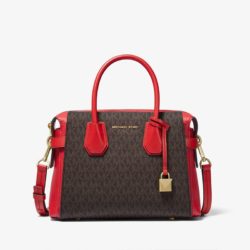 MICHAEL Michael Kors Mercer Small Logo Belted Satchel Coffee/Red