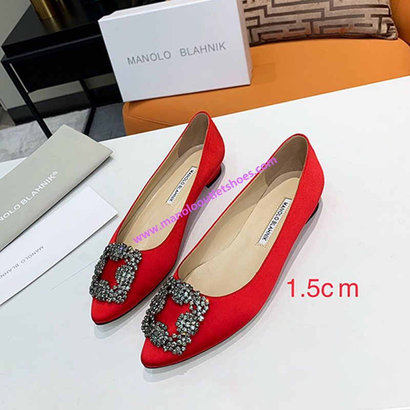 Manolo Blahnik Hangisi Flats Satin With Square Crystal Buckle Red