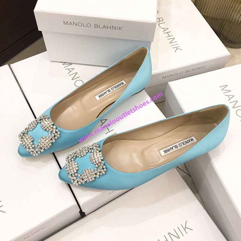 Manolo Blahnik Hangisi Flats Satin With White Crystal Buckle Sky Blue