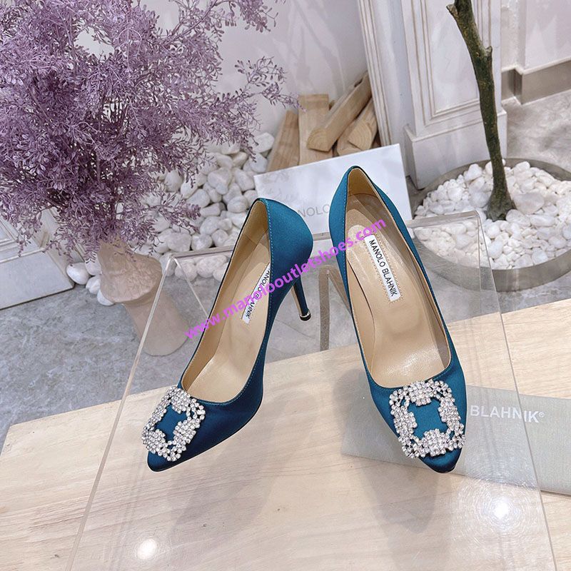 Manolo Blahnik Hangisi Pumps Satin With Gray Crystal Square Buckle Blue