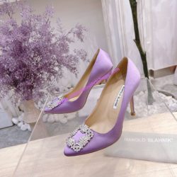 Manolo Blahnik Hangisi Pumps Satin With Gray Crystal Square Buckle Violet