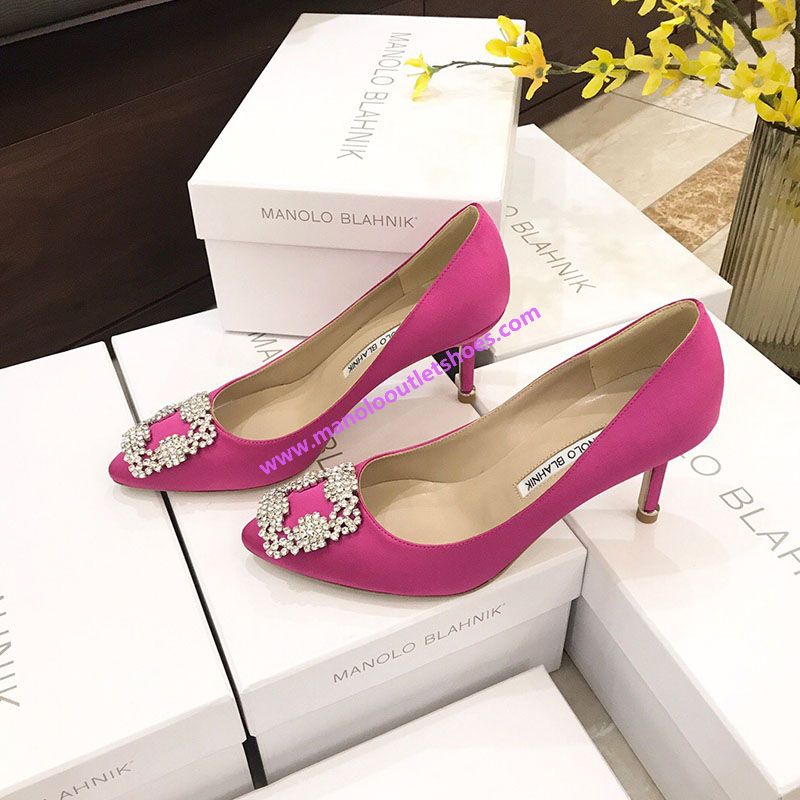 Manolo Blahnik Hangisi Pumps With White Crystal Square Buckle Rose
