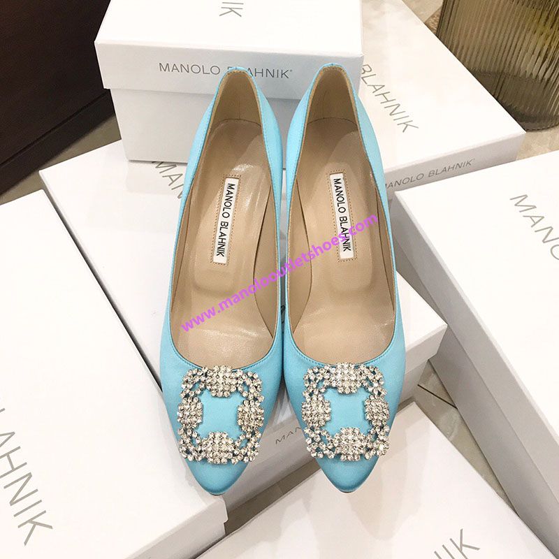 Manolo Blahnik Hangisi Pumps With White Crystal Square Buckle Sky Blue
