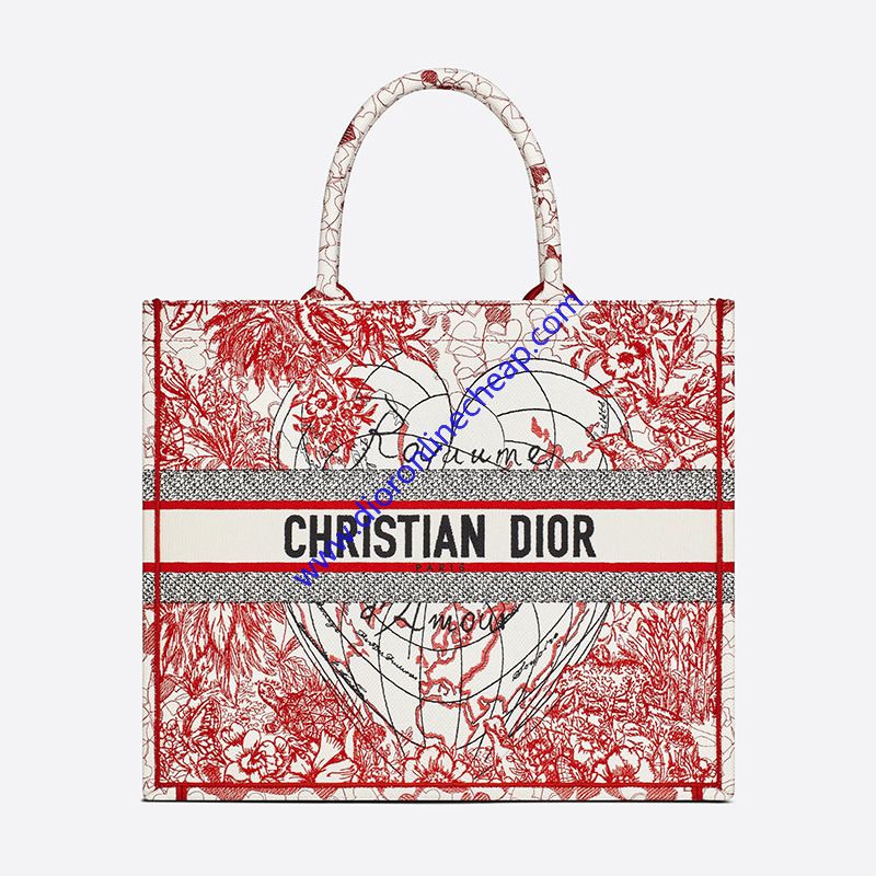 Dior Book Tote Dioramour D-Royaume d’Amour Embroidery Canvas Red/White