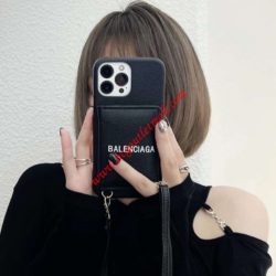 Balenciaga Cash iPhone Case with Card Holder and Strap In Grained Calfskin Black