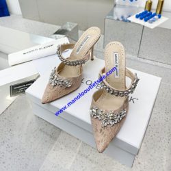Manolo Blahnik Lurum Mules Lace With Crystal Embellished Champagne