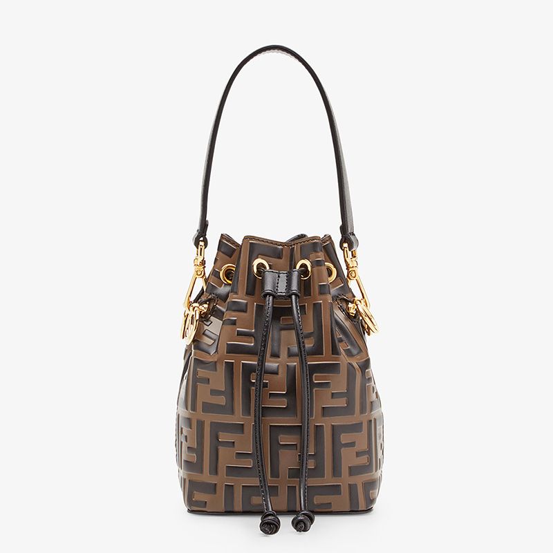 Fendi Mini Mon Tresor Bucket Bag In FF Motif Calf Leather Brown
