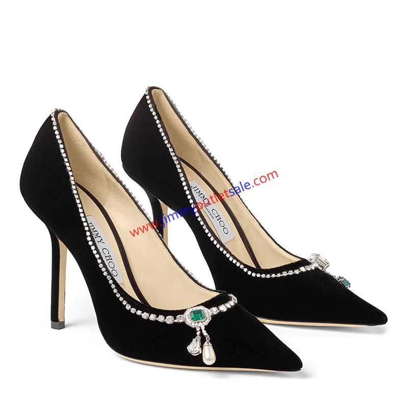 Jimmy Choo Love 100 Pumps Women Velvet With Crystal Mix Necklace Black
