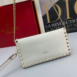 Valentino Small Rockstud Wristlet Clutch with Chain In Calfskin White