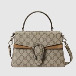 Gucci Small Dionysus Top Handle Bag In GG Supreme Suede Beige/Brown